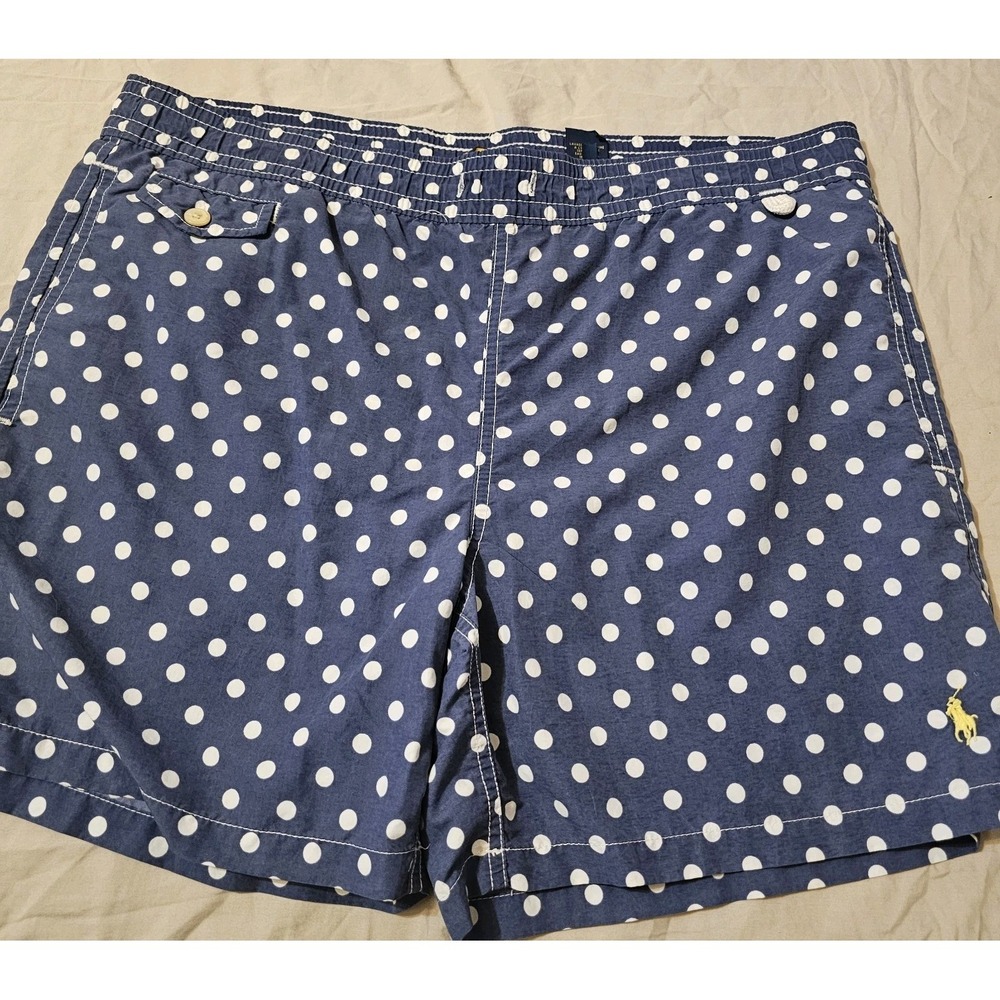 Polo Ralph Lauren Mens Navy Blue White Polka Dot Swim Trunks Shorts Yellow Pony